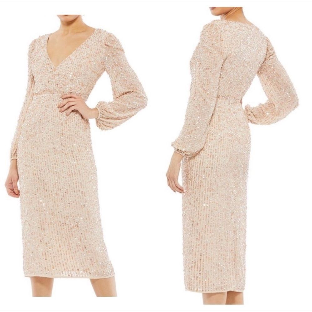 Mac Duggal Sequin Long Sleeve Midi Cocktail Dress Nude | Size 14